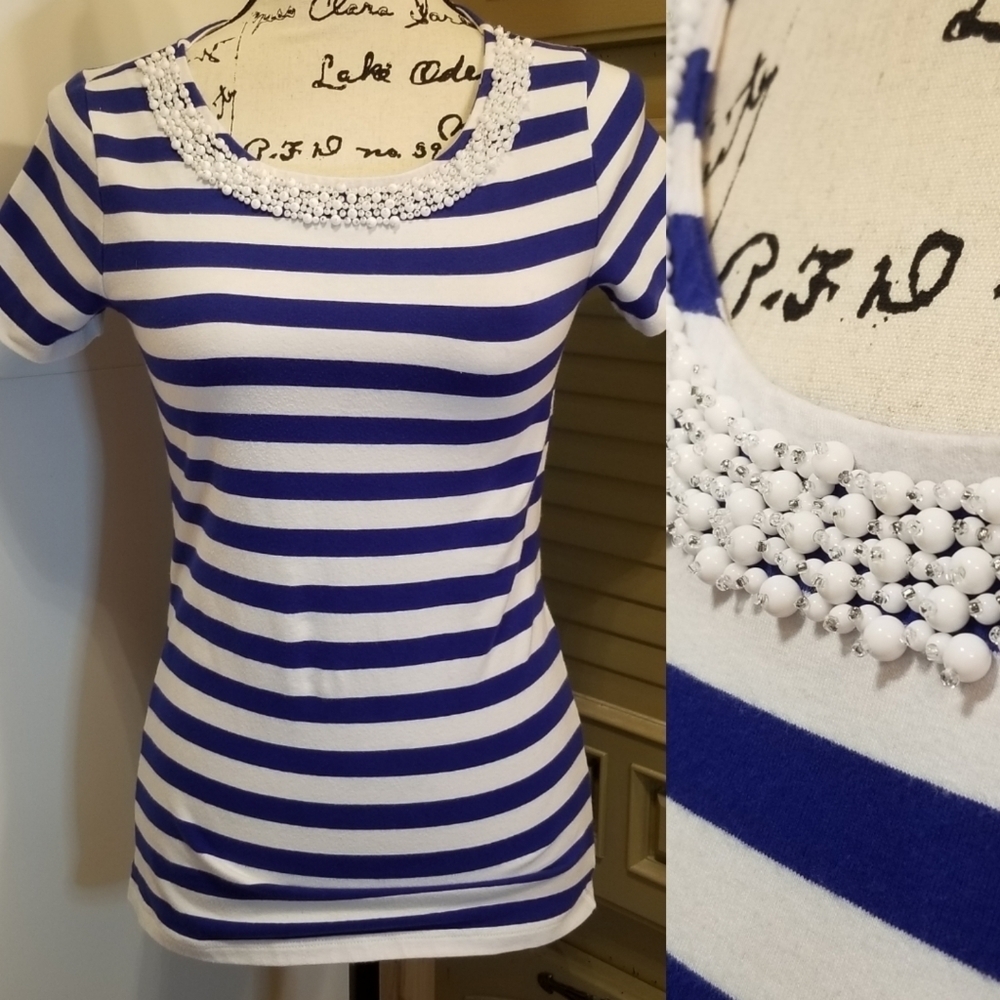 Talbots Blue White Nautical Striped Pearl Beaded Top XS - Picture 3 of 10